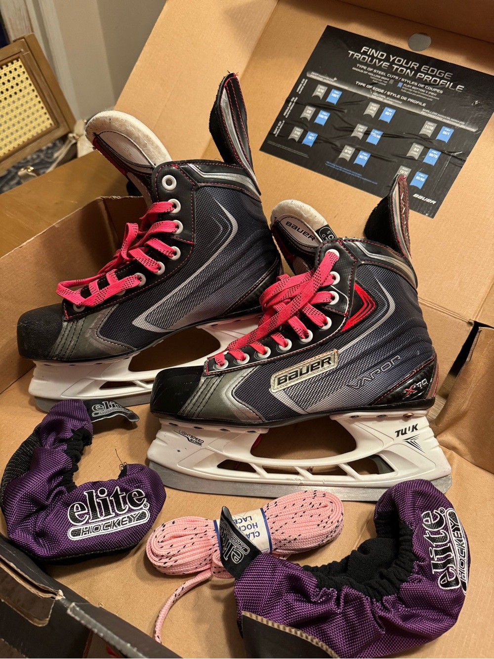 Bauer Black Hockey Skates with Pink Laces and Purple Guards